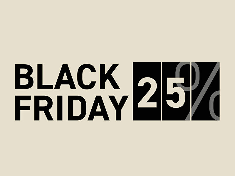 Promotional Black Friday-Bild mit dem Text „Black Friday 25%“, wobei der Rabattprozentsatz in schwarzen Blöcken angezeigt wird.